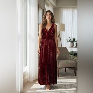 Nicole Miller New York Pleated Red Burgundy Burnt Velvet Maxi Dress SZ 4 Elegant